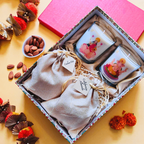 Shubh Deepawali Gift Hamper- Dry Fruits & Lakshmi Ganesh Scented Candle (Golden Glow) - Image 2